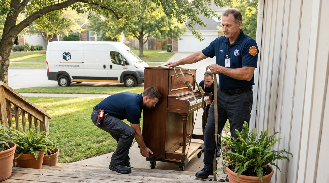 Licensed piano movers securing grand piano in Lombard, IL