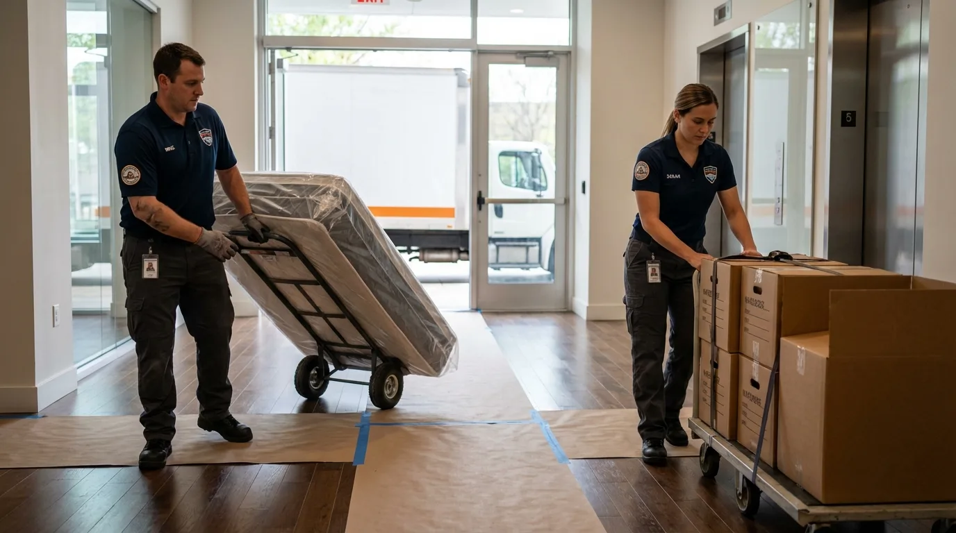 Professional apartment movers loading elevator in Lombard, IL