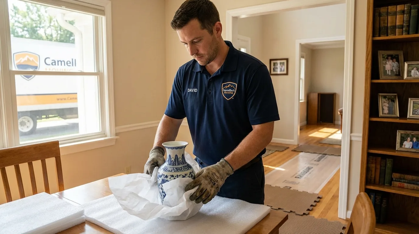Professional crew carefully wrapping antique vase for senior downsizing move in Lombard, IL